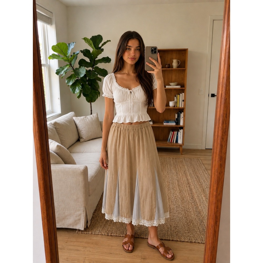 Womens Boho Midi Skirt M/L Tan Gray Lace Trim Elastic Waist Cottage Lagenlook - Picture 1 of 8